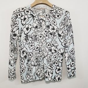 LOFT Cardigan | Floral Abstract Buttons Aqua Blue